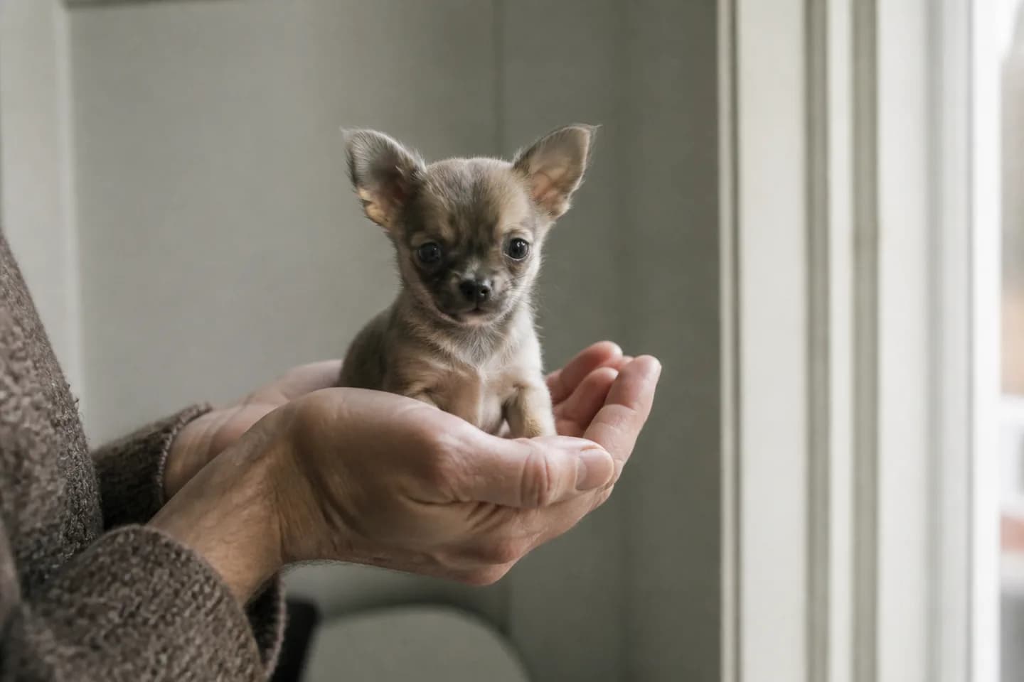 En chihuahua-hvalp sidder i en voksen håndflade og fylder den knap nok.