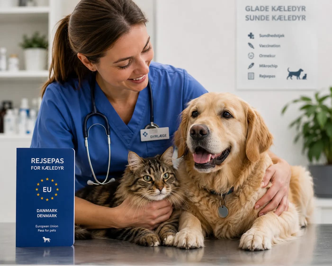 En dyrlæge står med armen om en golden retriever og en stribet kat på undersøgelsesbordet.