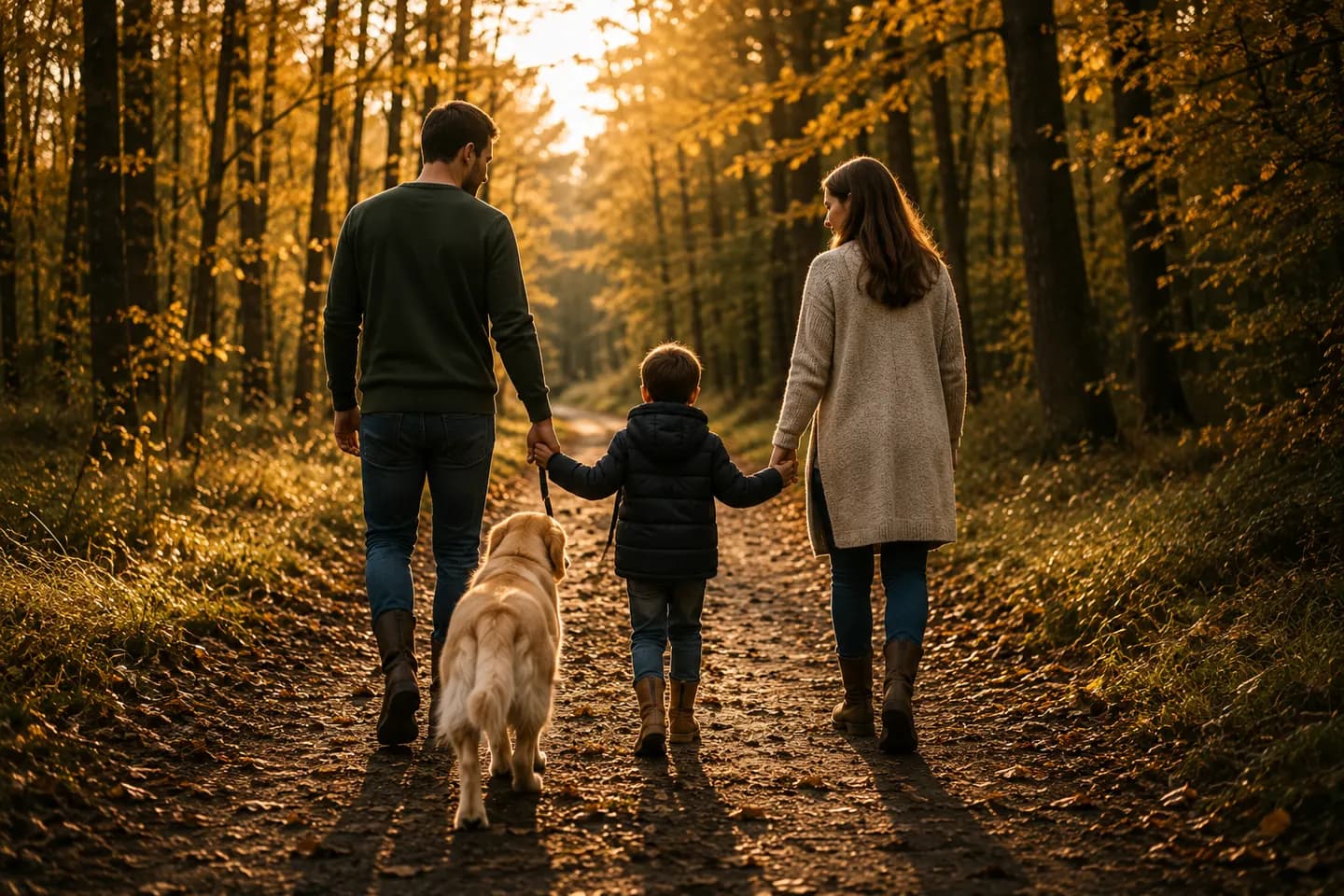 To voksne og et barn går hånd i hånd på en skogssti i høstfarger med hunden ved siden av seg.