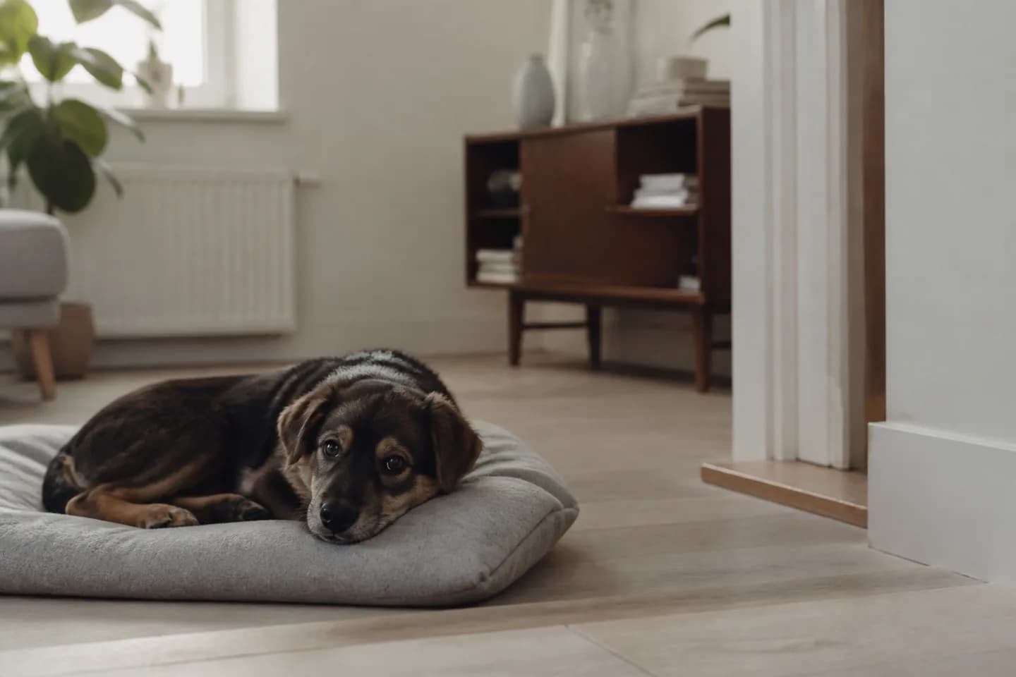 En hvalp ligger roligt på sin hundeseng i en stue, hvor der ellers ikke er nogen.