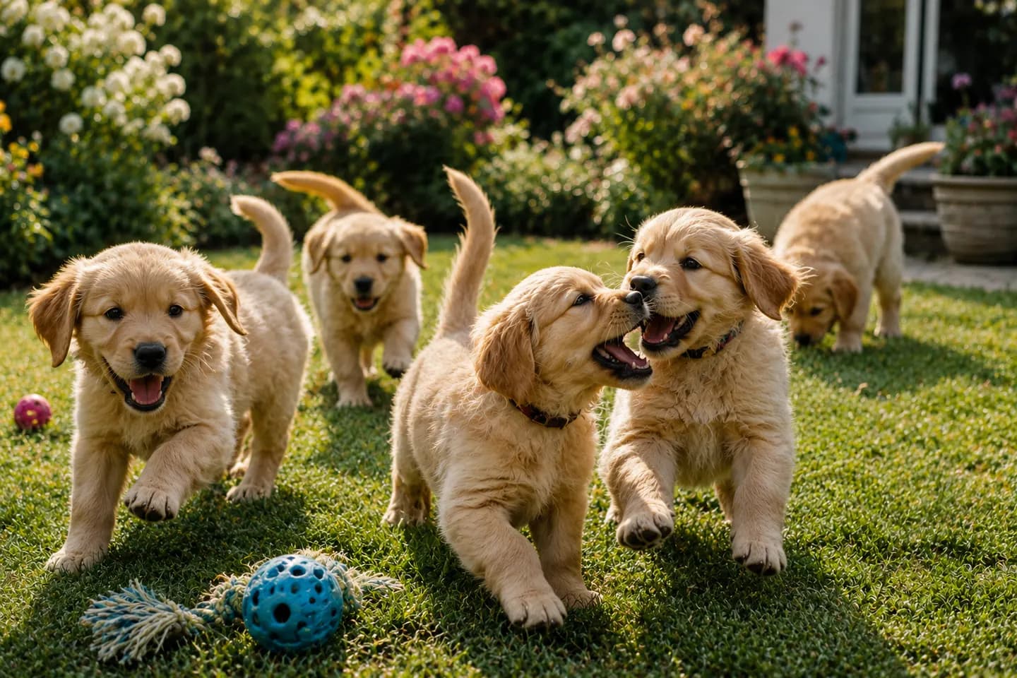 Fem golden retriever-valper løper og leker på en plen med leker rundt seg.