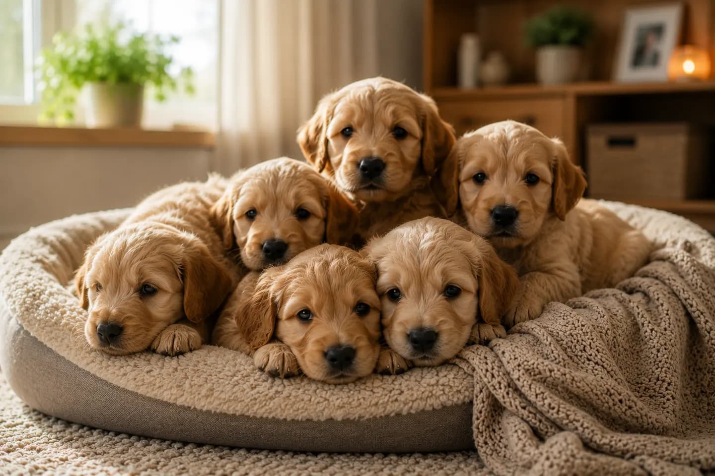 Seks golden retriever-valper ligger tett sammen i en rund hundeseng innendørs.