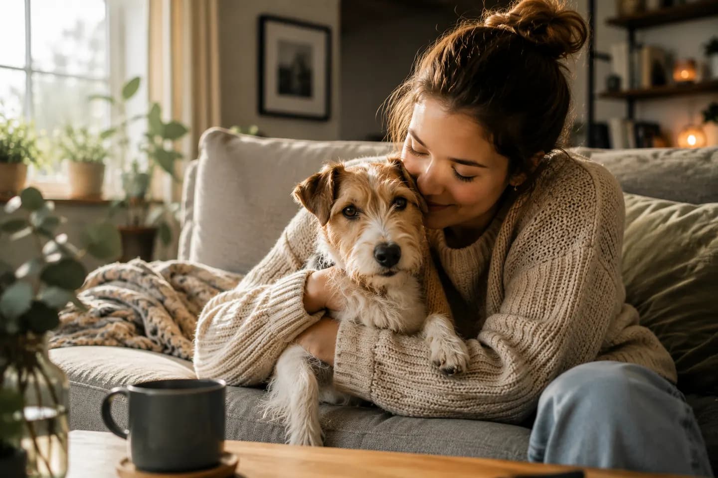 En kvinna sitter i soffan med armarna om sin strävhåriga terrier och kinden mot dess huvud.