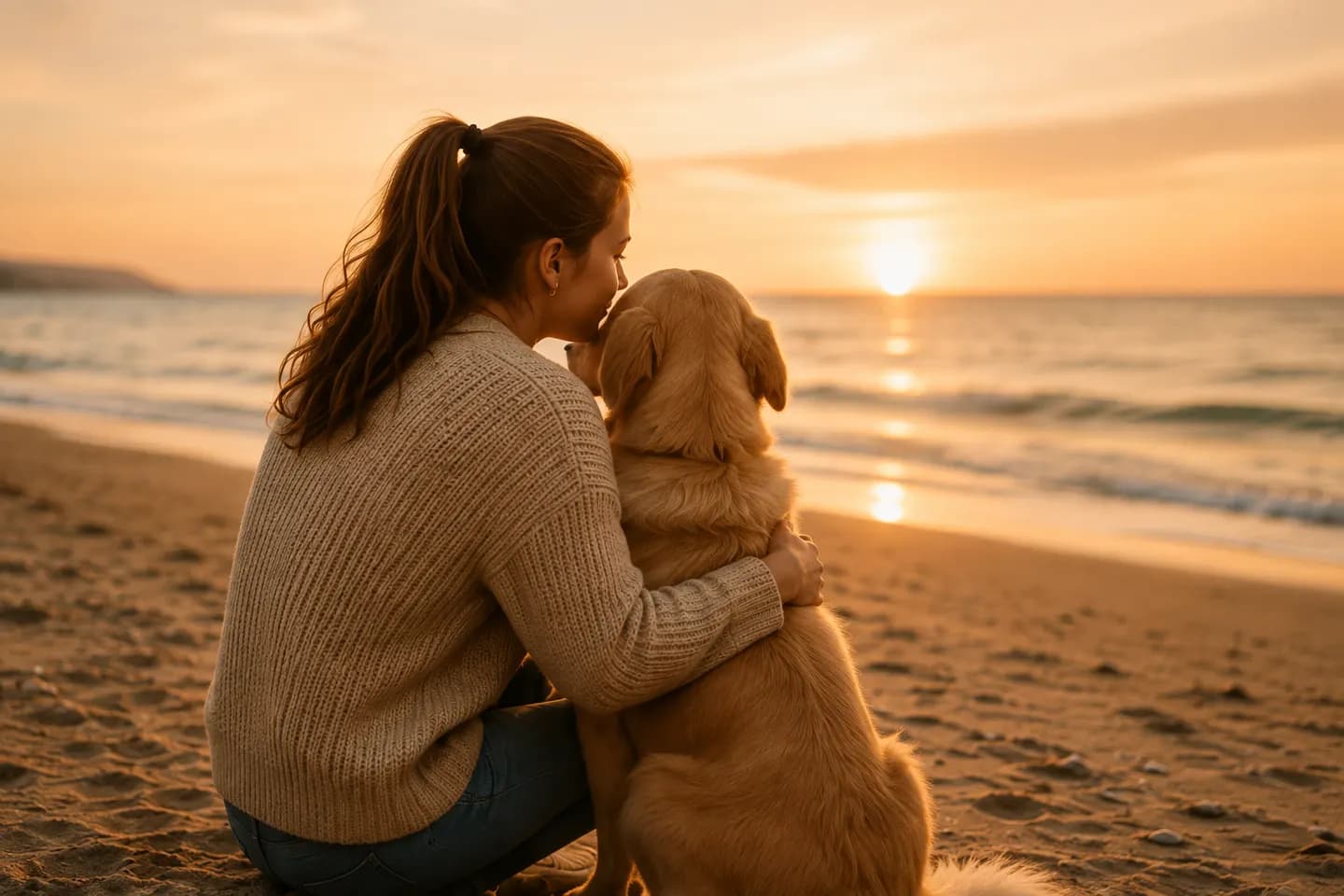 En kvinde sidder på stranden med armen om sin golden retriever, mens solen går ned over vandet.