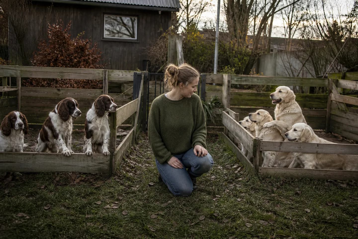 Een fokker zit gehurkt in de tuin tussen twee houten rennen. Drie springerspaniëls in de ene, vier golden retrievers in de andere.
