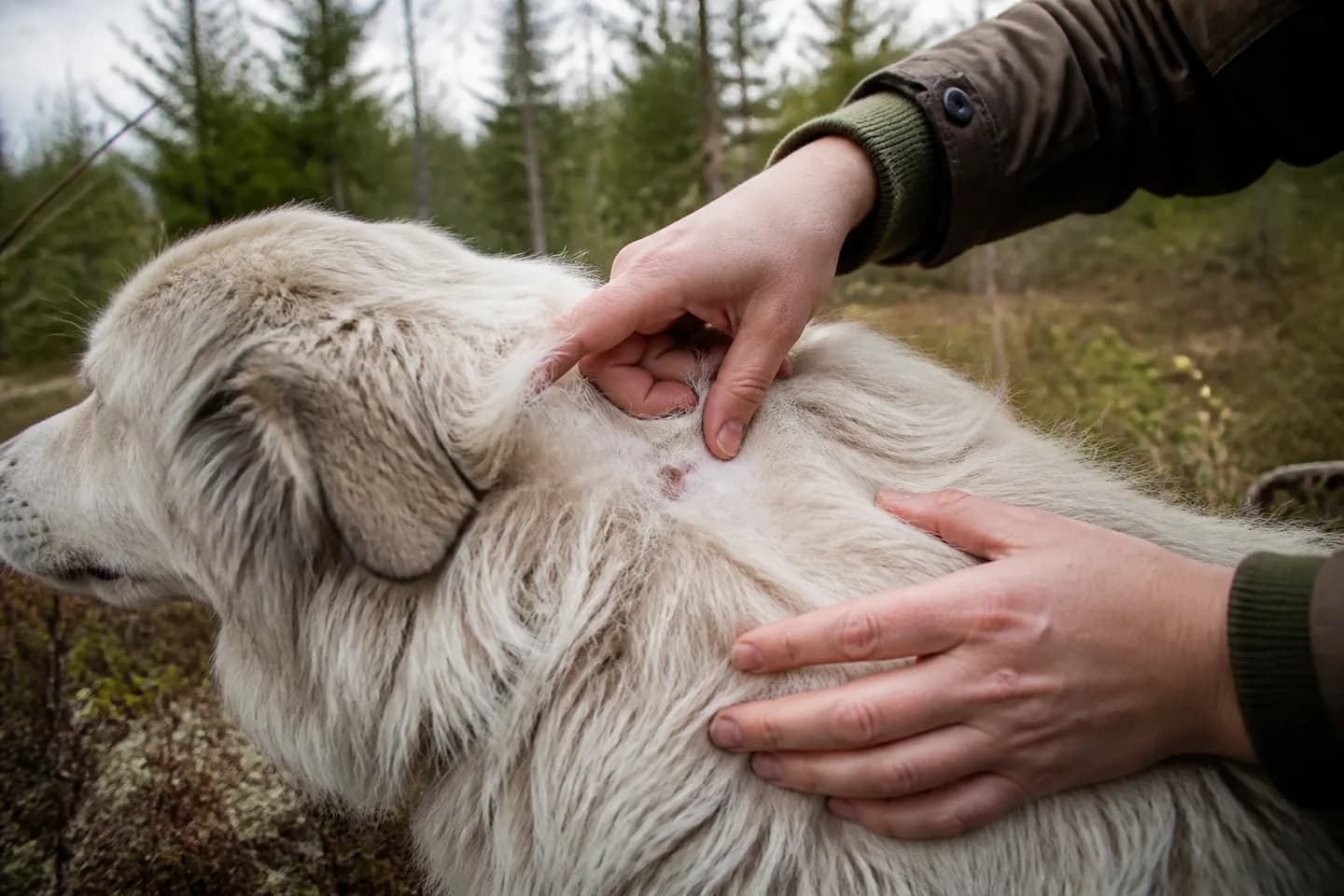 To hænder skiller pelsen på en hvid hund og kigger efter flåter, ude i skovkanten.
