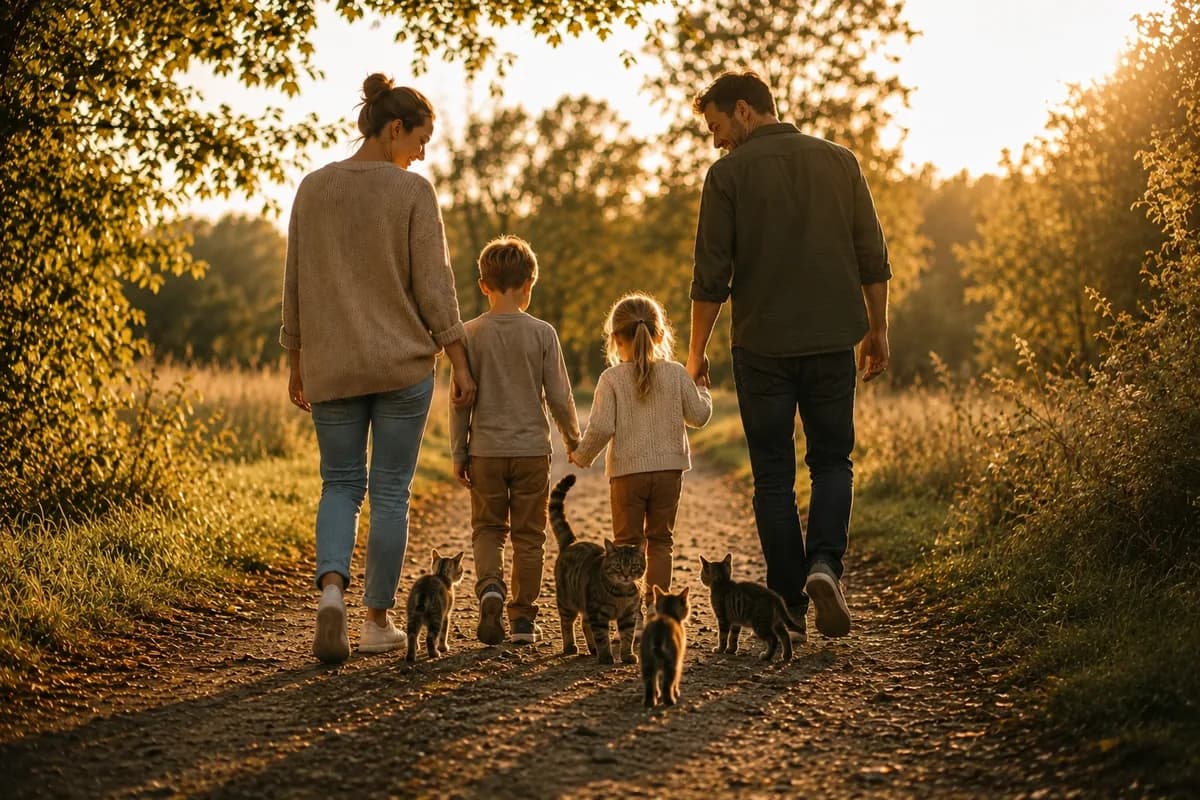 Familie med to børn på gåtur med deres katte ad en markvej