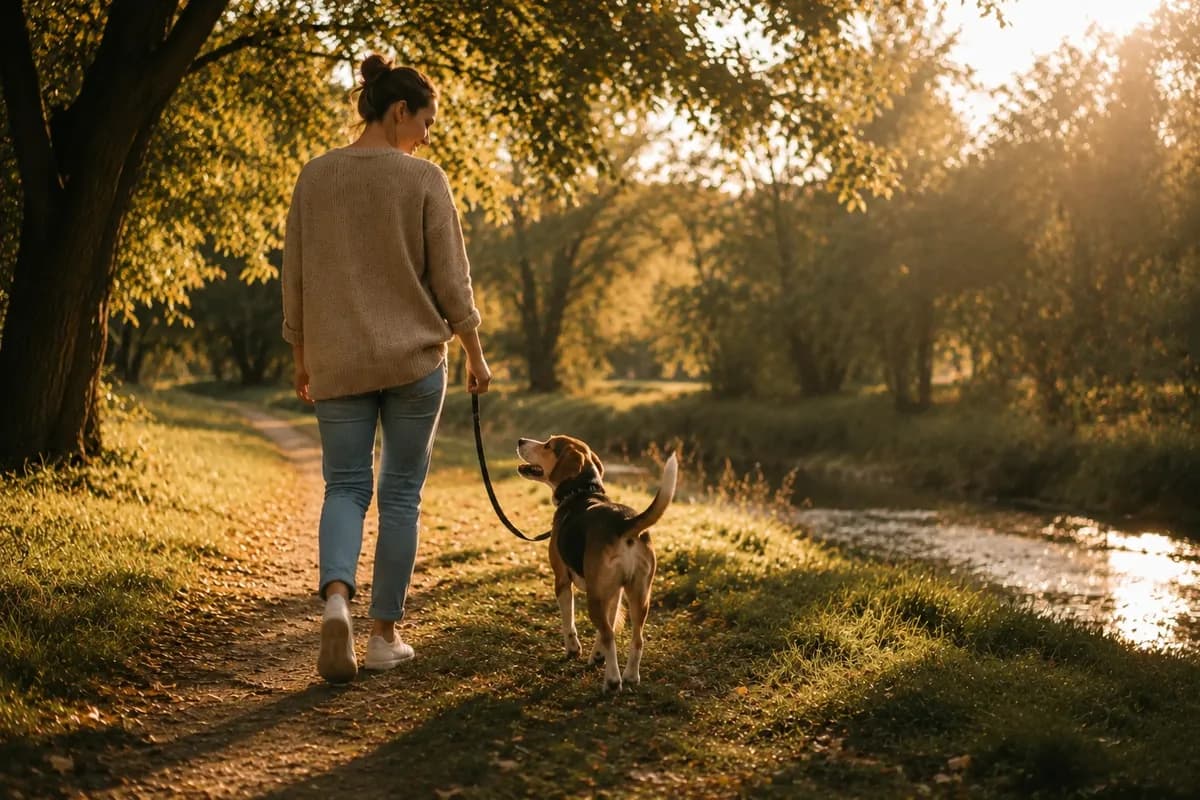 Kvinde på gåtur med sin beagle langs et vandløb i aftensol