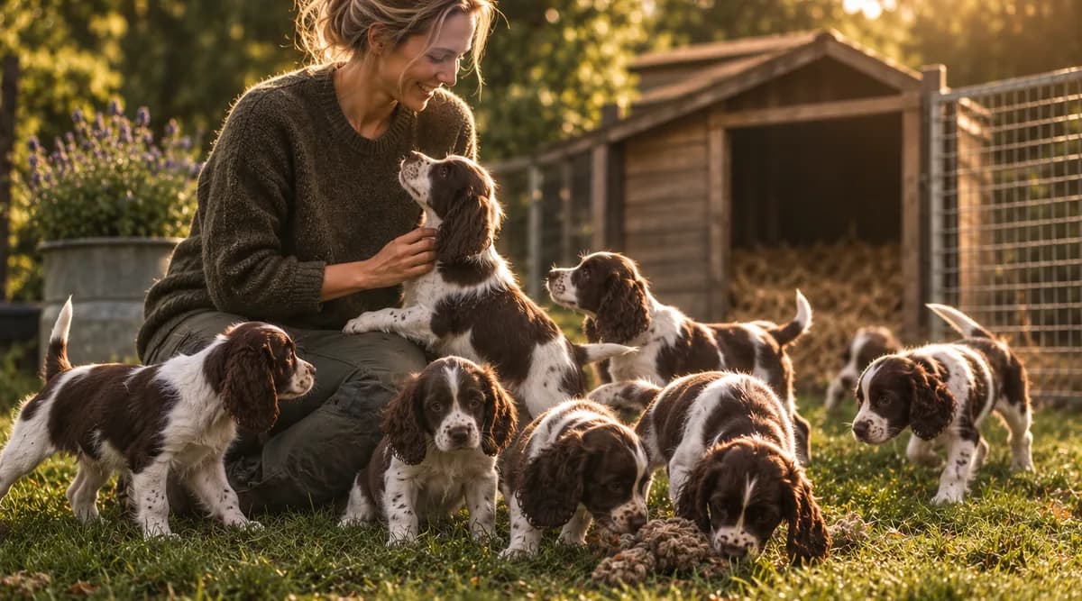A breeder sitting on the grass in her kennel surrounded by seven springer spaniel puppies in the evening light.