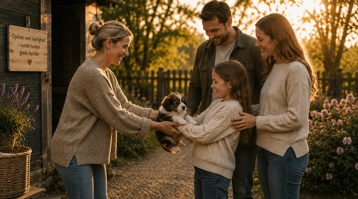 En opdrætter rækker en hvalp til en familie med et barn, der tager imod den med begge hænder.