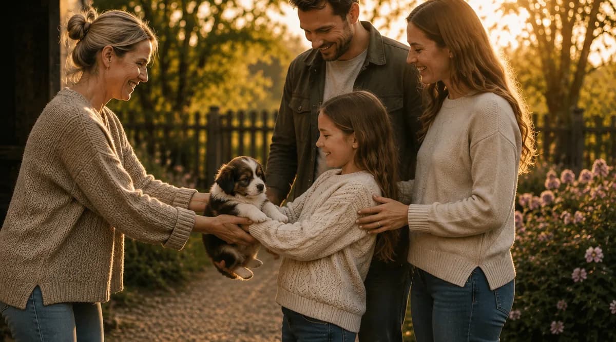 A breeder handing a puppy to a family, with a child taking it in both hands.