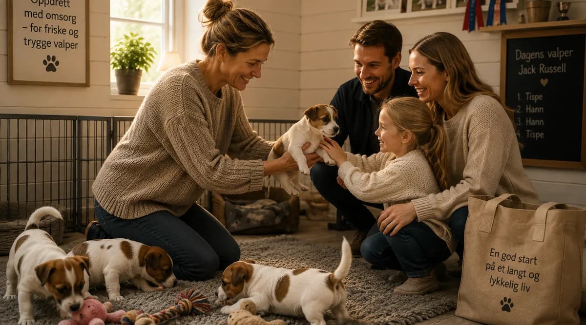 En oppdretter rekker en valp til en familie med et barn som tar imot den med begge hender.