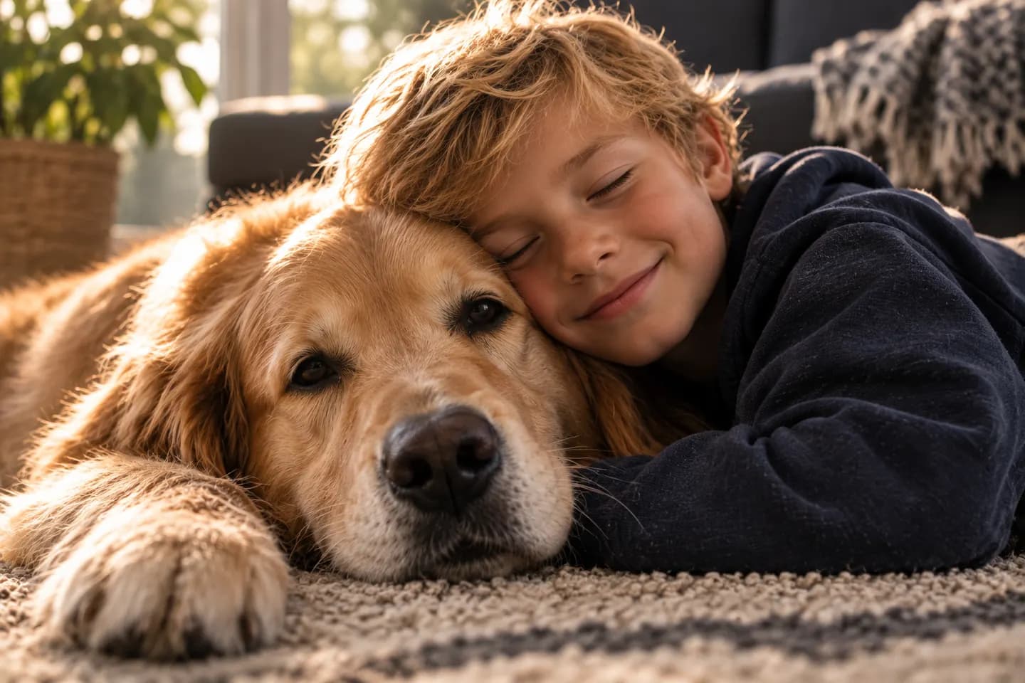 En pojke ligger på golvet hemma med kinden mot en äldre golden retriever.