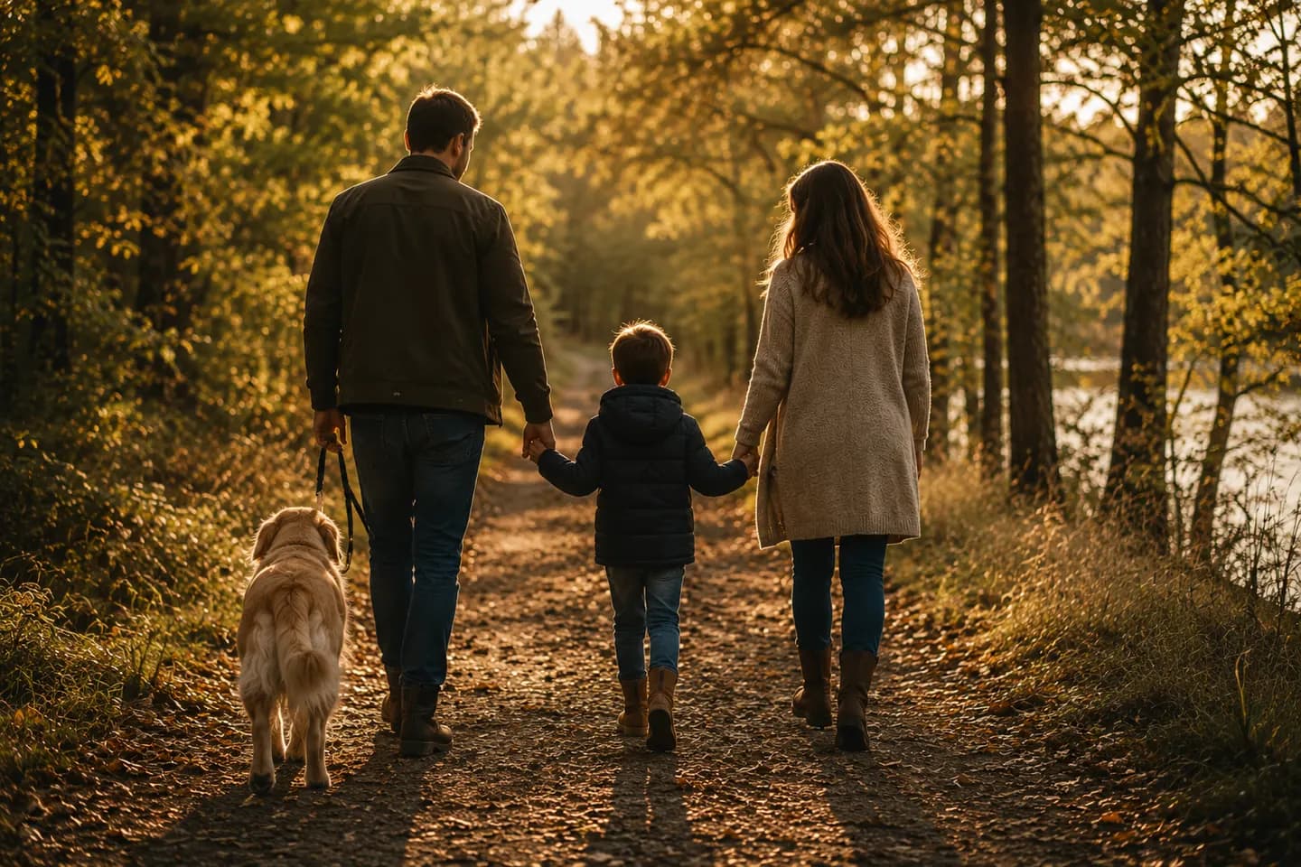 En familie går ad en skovsti i efterårsfarver med deres hund, med en sø mellem træerne.