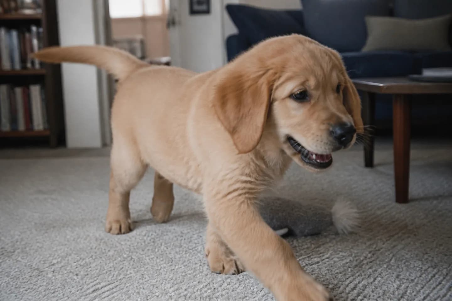 En golden retriever-hvalp med åben mund løber hen over gulvtæppet i en stue.