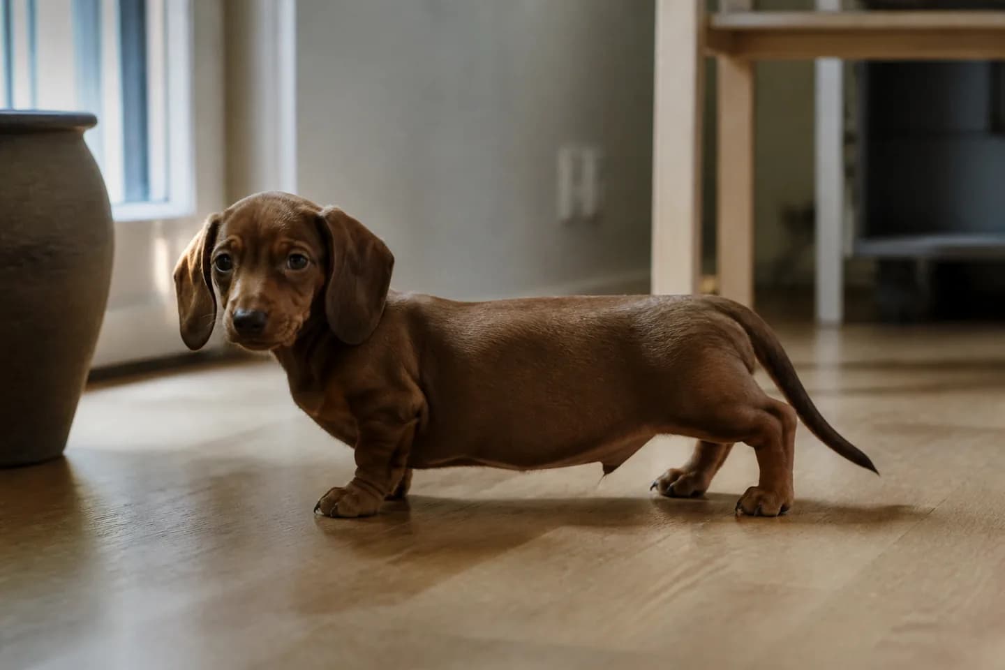 En brun gravhundehvalp står i profil på et trægulv, med den lange ryg og de korte ben tydeligt.