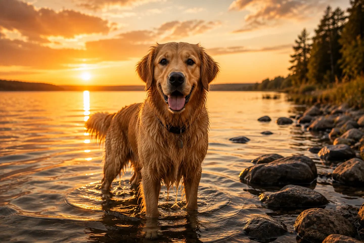 En våd golden retriever står i det lave vand ved en sø i aftensol.