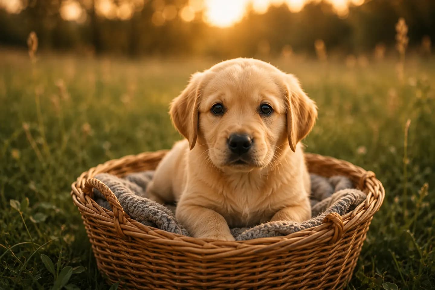 En lys golden retriever-hvalp ligger i en flettet kurv på en eng i aftensol.