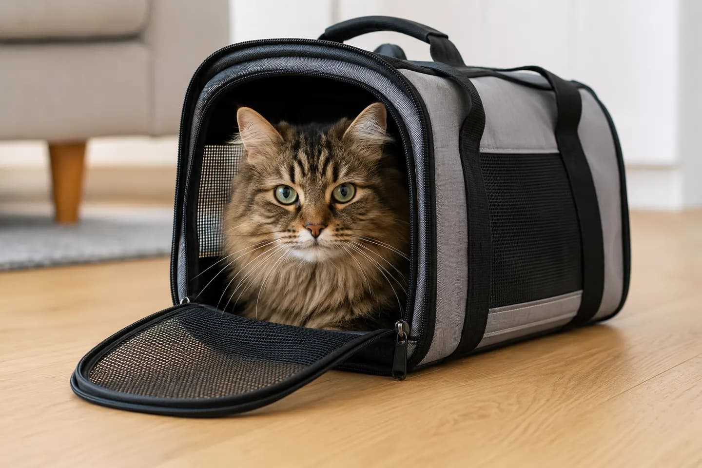 A long-haired cat lies in an open carrier on the floor, looking out.