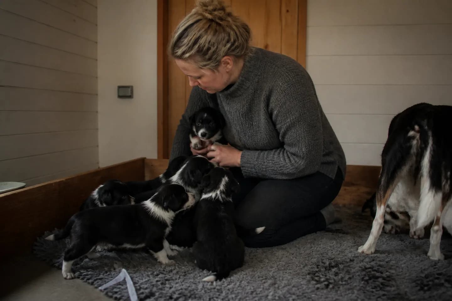 En kvinde sidder på gulvet i hvalpekassen med et kuld sorthvide hvalpe og moderhunden ved siden af.