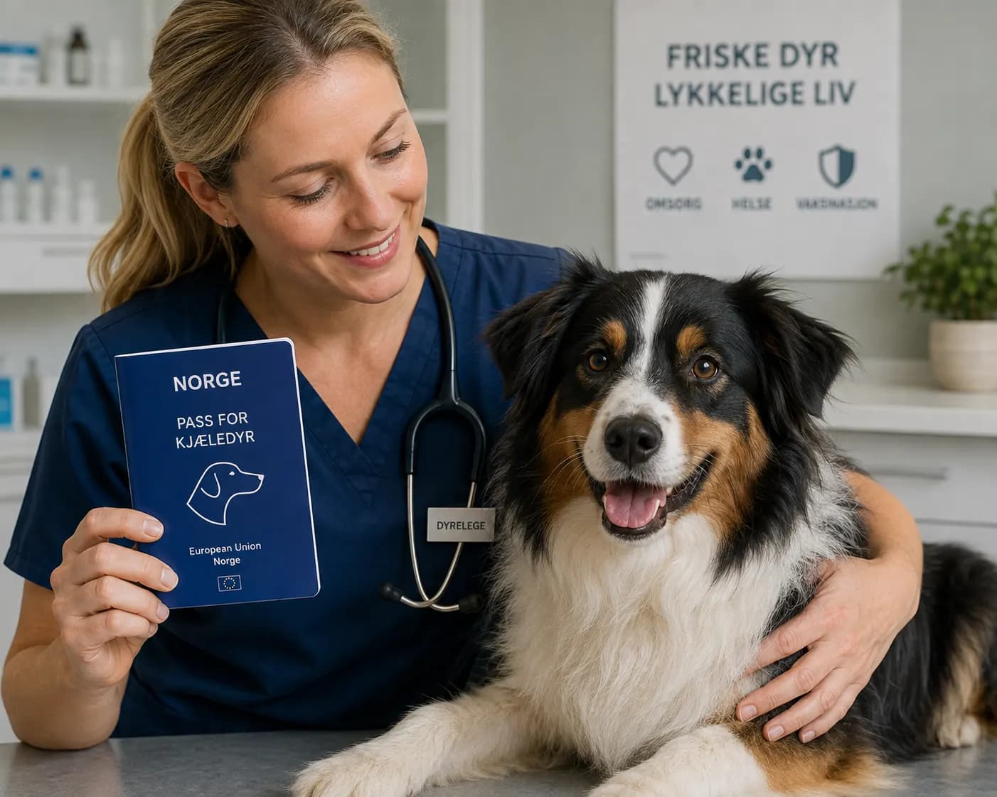 En veterinær holder opp et norsk EU-pass for kjæledyr ved siden av en australsk gjeterhund på undersøkelsesbordet.