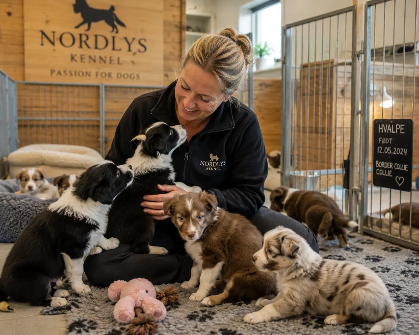 En opdrætter sidder på gulvet i sin kennel omgivet af seks border collie-hvalpe.