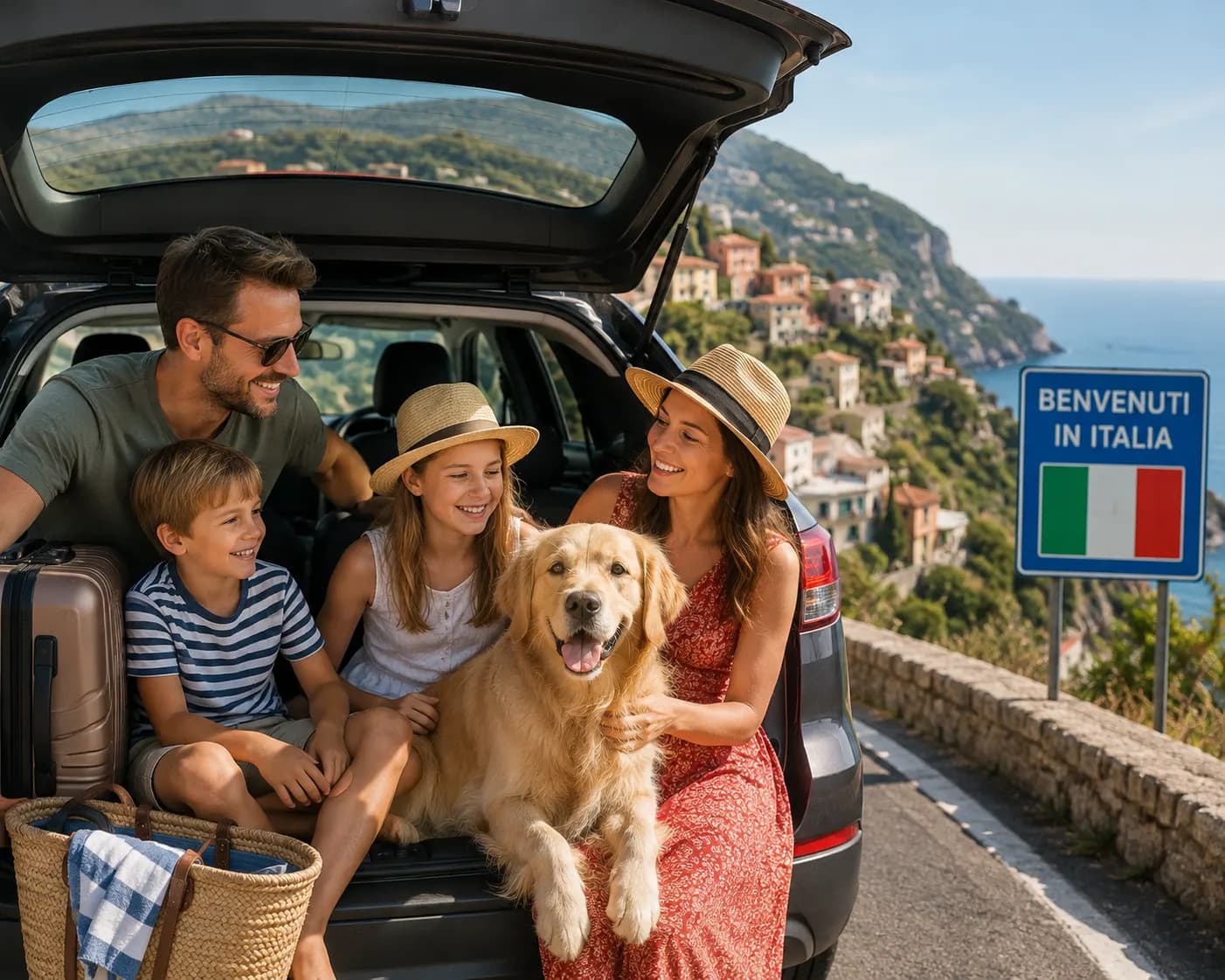 En familie sidder i bagagerummet på en bil med deres hund ved en kystvej, med et skilt der byder velkommen til Italien.