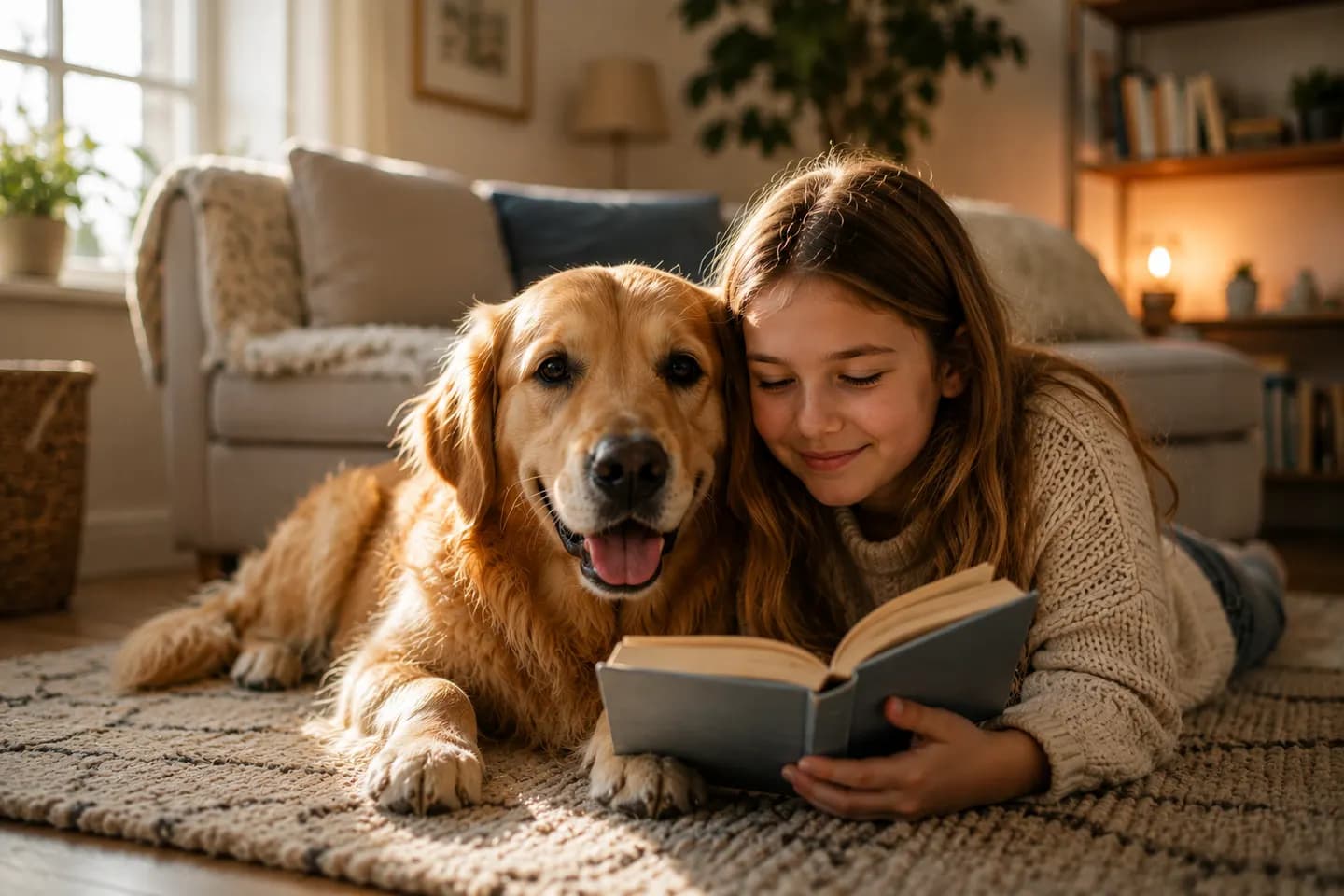 En flicka ligger på golvet hemma och läser en bok med huvudet lutat mot sin golden retriever.