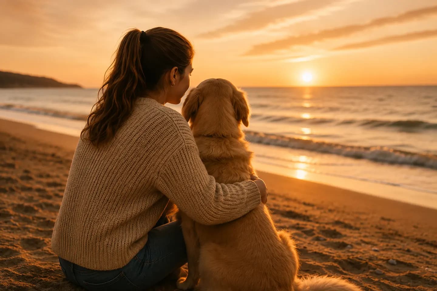 En kvinde og hendes hund sidder tæt sammen på stranden og ser ud over havet mod solnedgangen.
