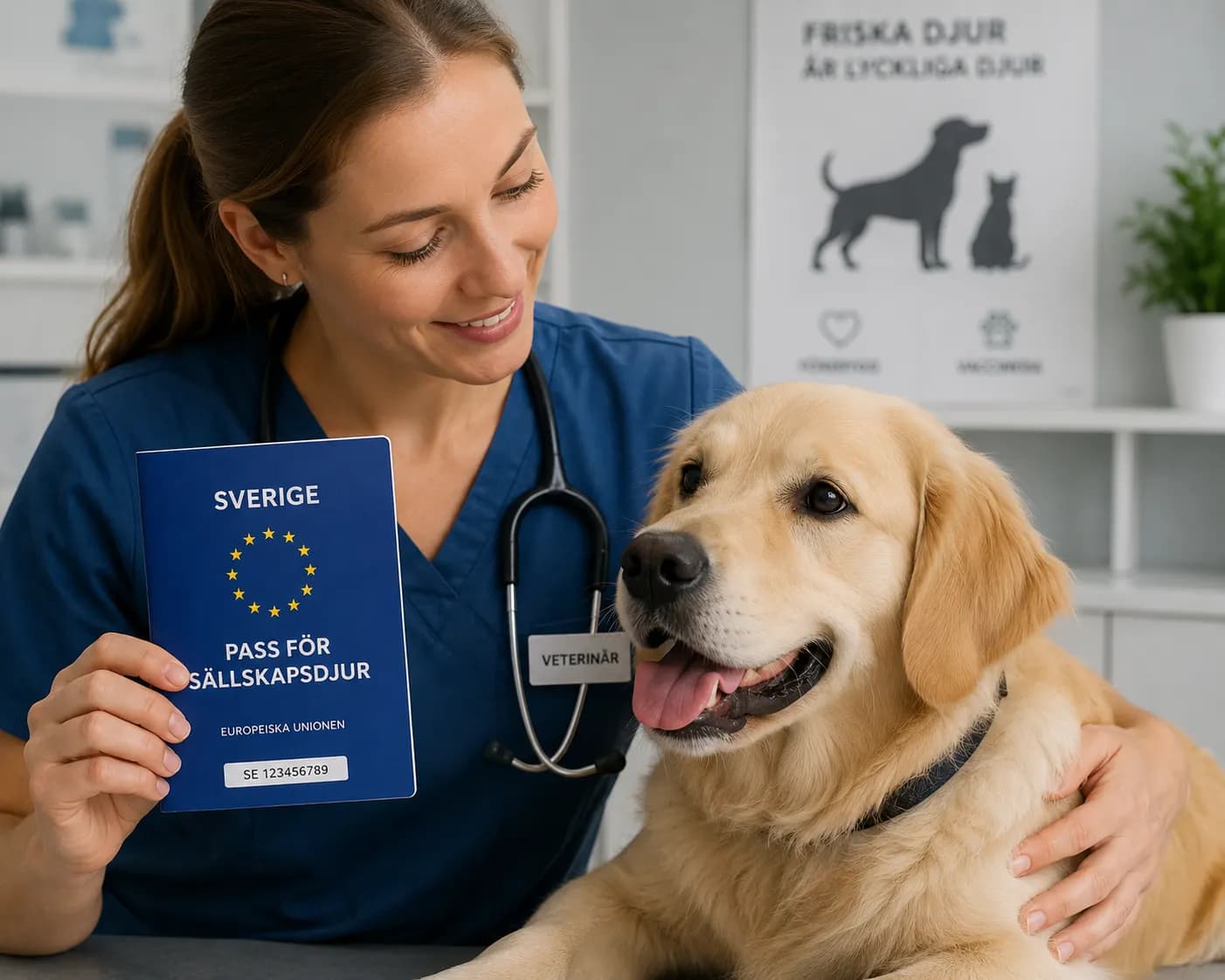 En veterinär håller upp ett svenskt EU-pass för sällskapsdjur bredvid en golden retriever på undersökningsbordet.