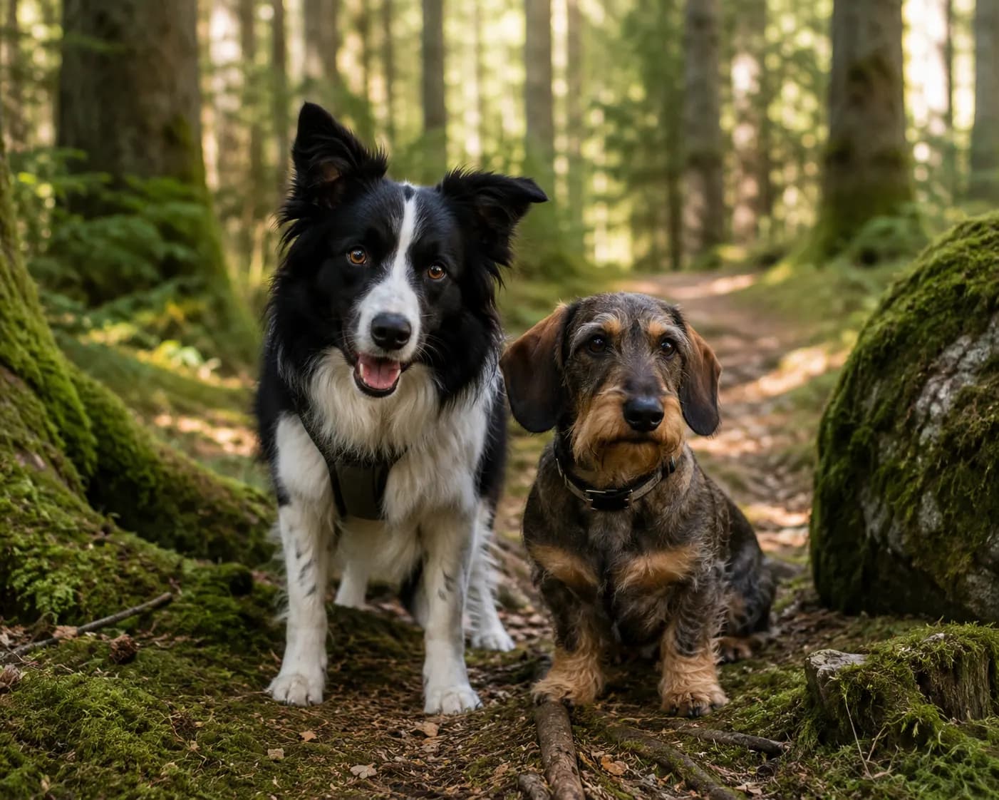 En border collie og en ruhåret gravhund står side om side på en mosgroet skovsti.