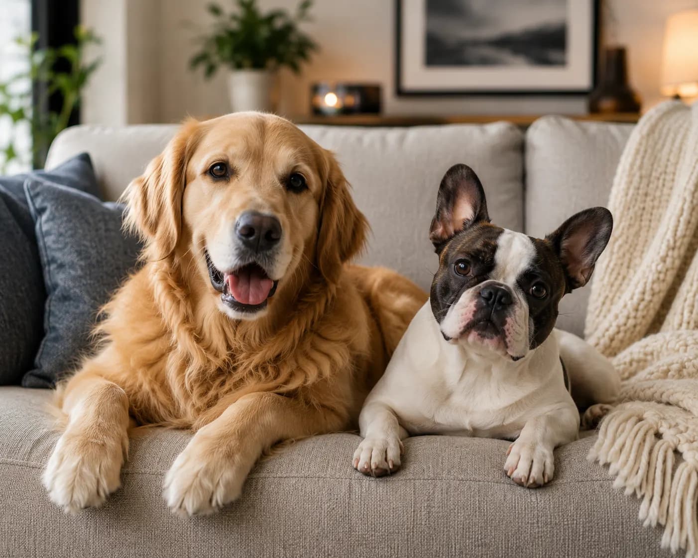 En golden retriever och en fransk bulldogg ligger sida vid sida i en soffa i ett vardagsrum.