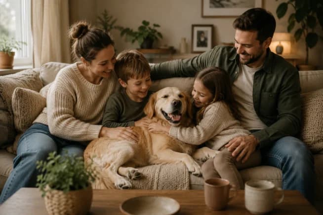 Familie med hunden i sofaen