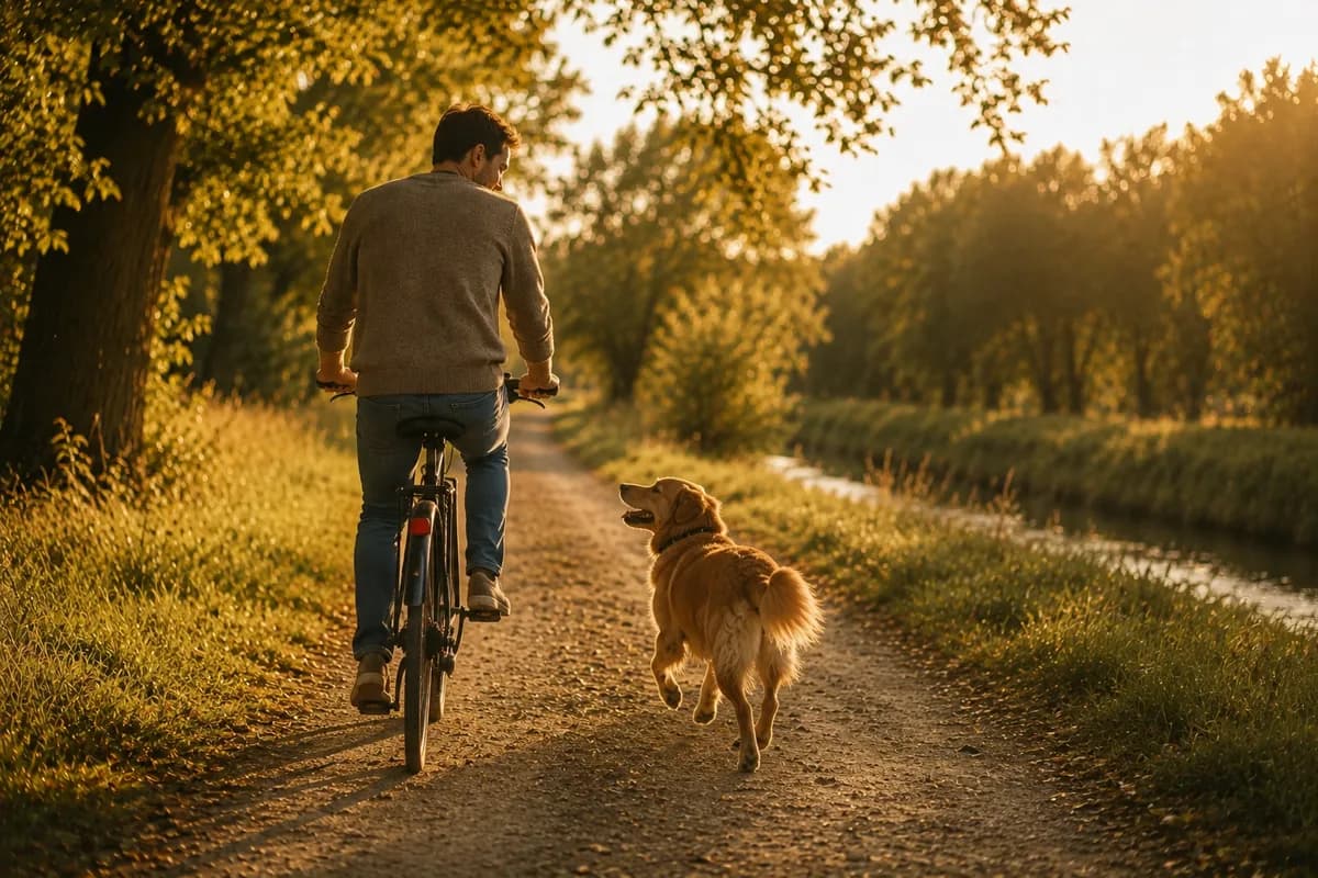 Mann på sykkel med golden retrieveren sin løpende ved siden av