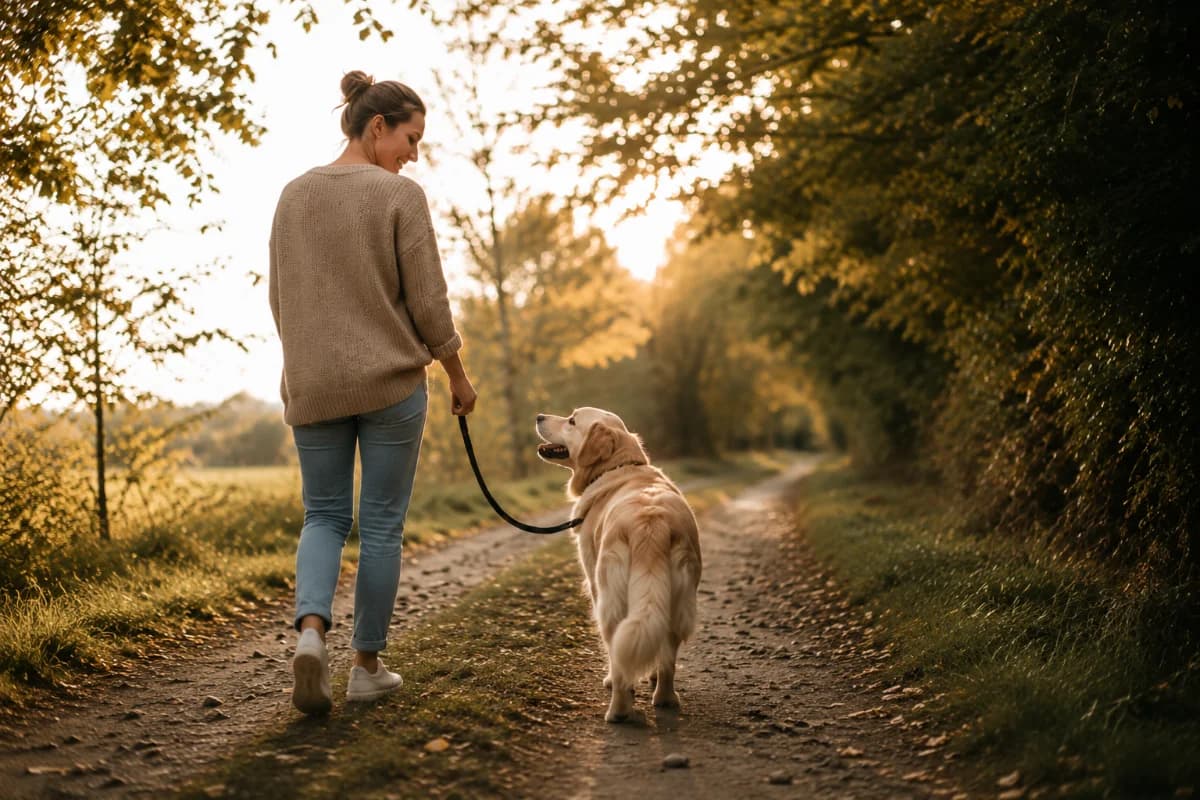 Hundeejer på gåtur med sin hund i det fri