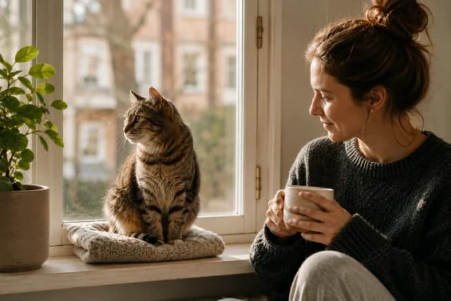 Kat i vindueskarmen sammen med sin ejer